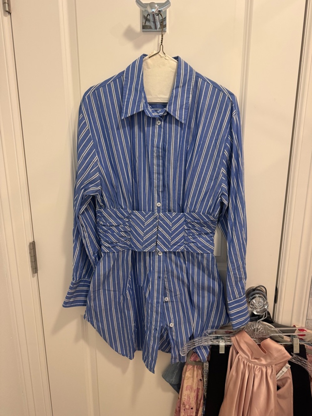 Blue Striped Button-Up Men's Shirt with Cinched Waist